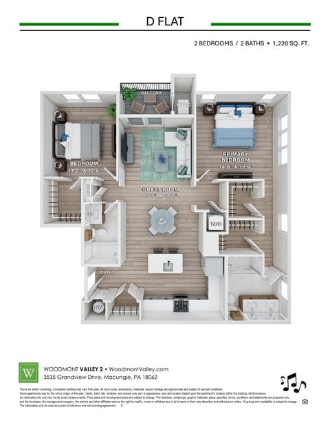 Floor plan for 2 beds, 2 baths, 1220 sqft